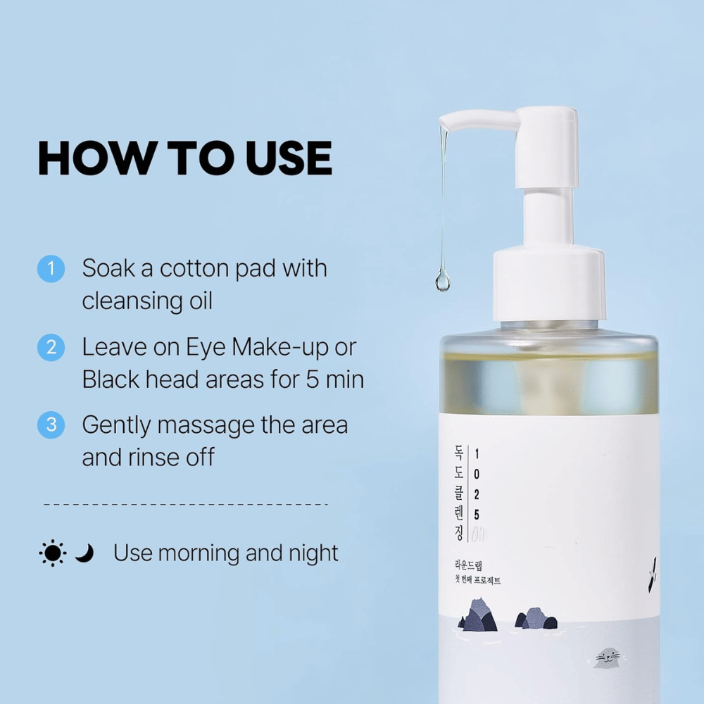 Round Lab 1025 Dokdo Cleansing Oil, ktorý účinne rozpúšťa make-up, opaľovací krém a nečistoty vďaka ľahkej a hydratačnej olejovej textúre