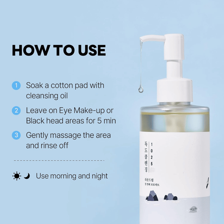 Round Lab 1025 Dokdo Cleansing Oil, ktorý účinne rozpúšťa make-up, opaľovací krém a nečistoty vďaka ľahkej a hydratačnej olejovej textúre