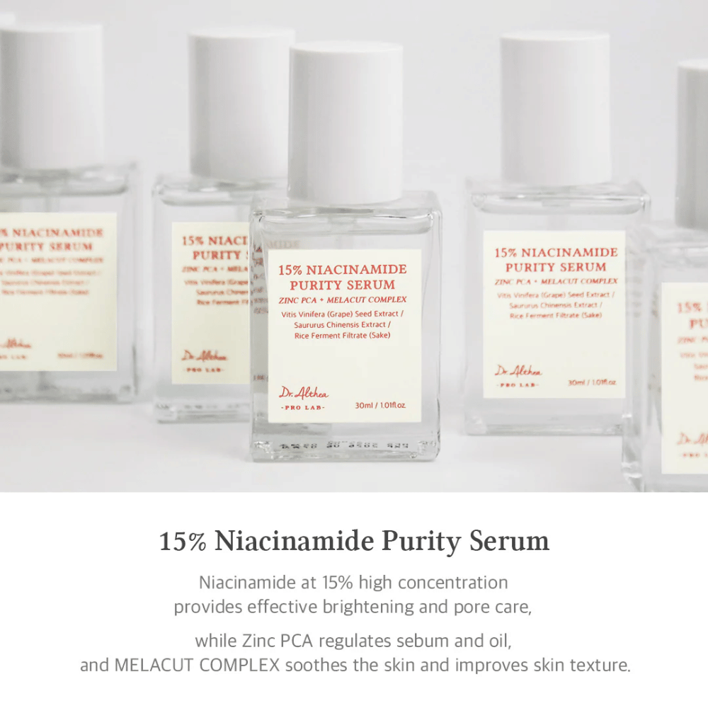 Dr. Althea 15% Niacinamide Purity Serum s vysokou koncentráciou niacínamidu pre jasnejšiu pleť a zmenšenie pórov. Obsahuje Zinc PCA pre reguláciu mazu a MELACUT COMPLEX na upokojenie pokožky a zlepšenie textúry. Elegantné balenie pre profesionálny dojem.