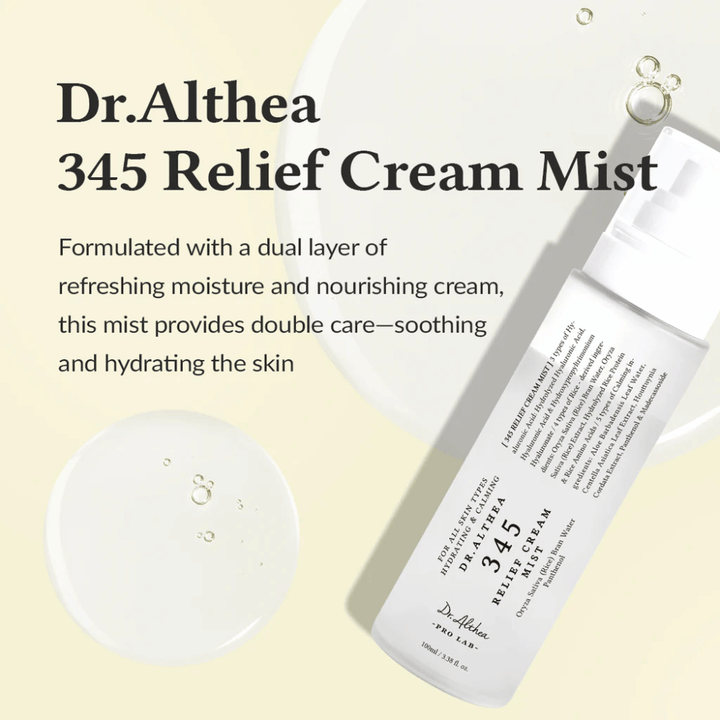 Produktový obrázok Dr. Althea 345 Relief Cream Mist s popisom upokojujúcej a hydratačnej formuly, ktorá poskytuje dvojitú starostlivosť o pleť v jednom kroku.