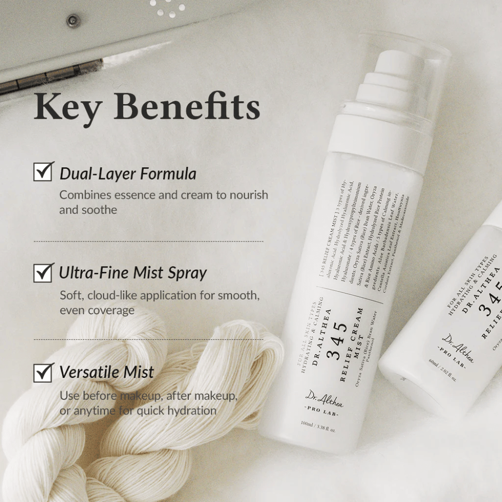 Dr. Althea 345 Relief Cream Mist s dôrazom na výhody ako dvojvrstvová formula, ultrajemná hmla a všestranné použitie pre rýchlu a rovnomernú hydratáciu.