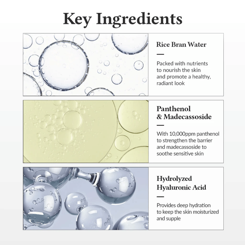 Kľúčové zložky v Dr. Althea 345 Relief Cream Mist, s ryžovou vodou, panthenolom, madecassosidom a hydrolyzovanou kyselinou hyalurónovou, ktoré posilňujú kožnú bariéru a poskytujú hlbokú hydratáciu.