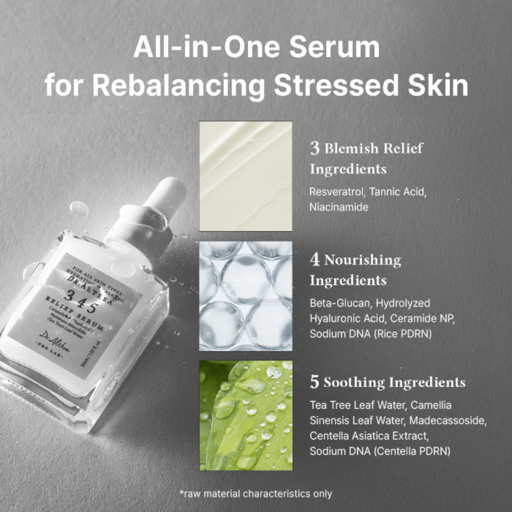 Dr. Althea 345 Relief Serum s niacínamidom, resveratrolom, beta-glukánom, kyselinou hyalurónovou, ceramidmi a Centellou pre vyváženú pleť.