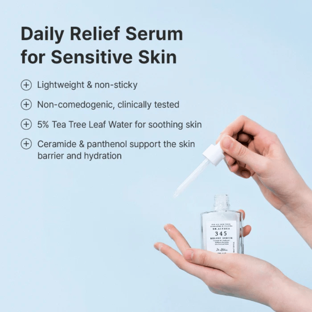 Dr. Althea 345 Relief Serum s ceramidmi, pantenolom a tea tree-vodou pre citlivú pokožku a dlhotrvajúcu hydratáciu.