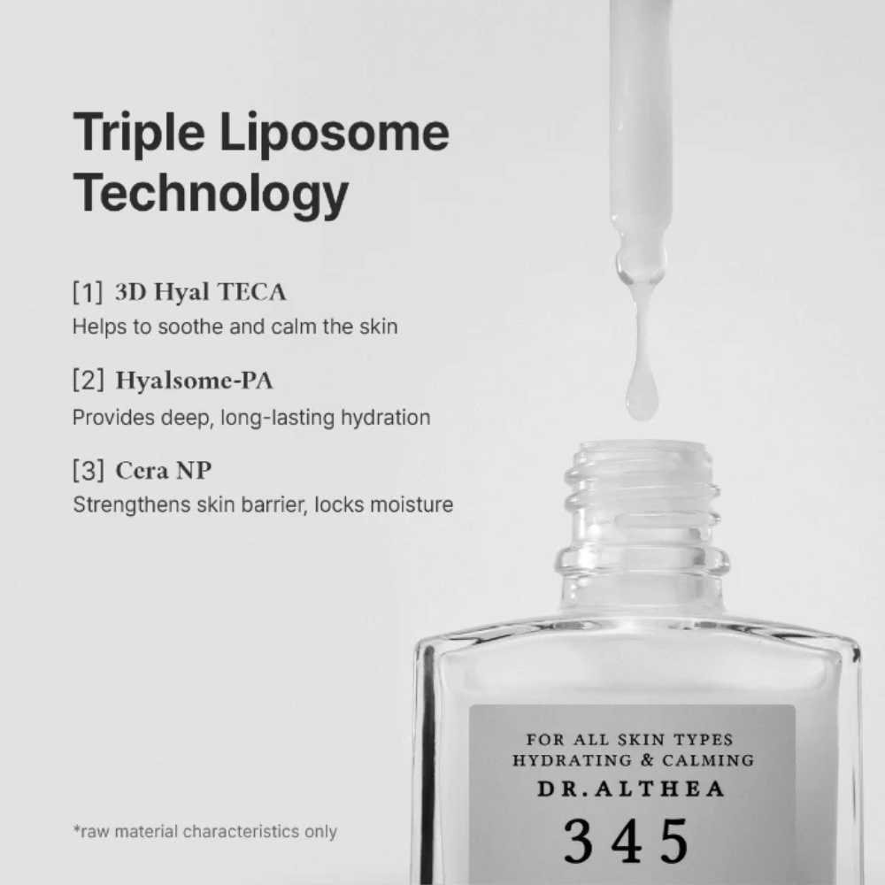 Dr. Althea 345 Relief Serum s trojitou lipozómovou technológiou, ceramidmi a kyselinou hyalurónovou pre intenzívnu hydratáciu a upokojujúci účinok.