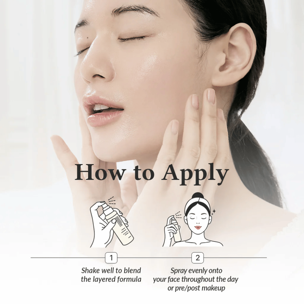 Ako aplikovať Dr. Althea 345 Relief Cream Mist, kde modelka nastrieka tvár pre rovnomernú hydratáciu pred a po make-upe s jemne rozptýlenou hmlou.