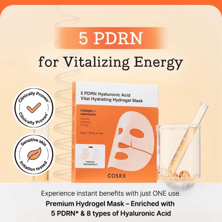 COSRX 5 PDRN Vital Hydrating Hydrogel Mask s kyselinou hyalurónovou a kolagénom, klinicky testovaná pre žiarivosť, pevnejšiu pokožku a zlepšenú kožnú bariéru
