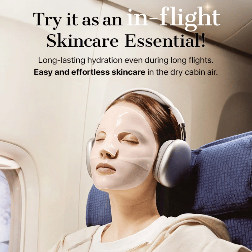 COSRX 5 PDRN Hyaluronic Acid Vital Hydrating Hydrogel Mask používaná ako hydratačný sheet mask počas letu pre dlhodobú hydratáciu a upokojujúci efekt