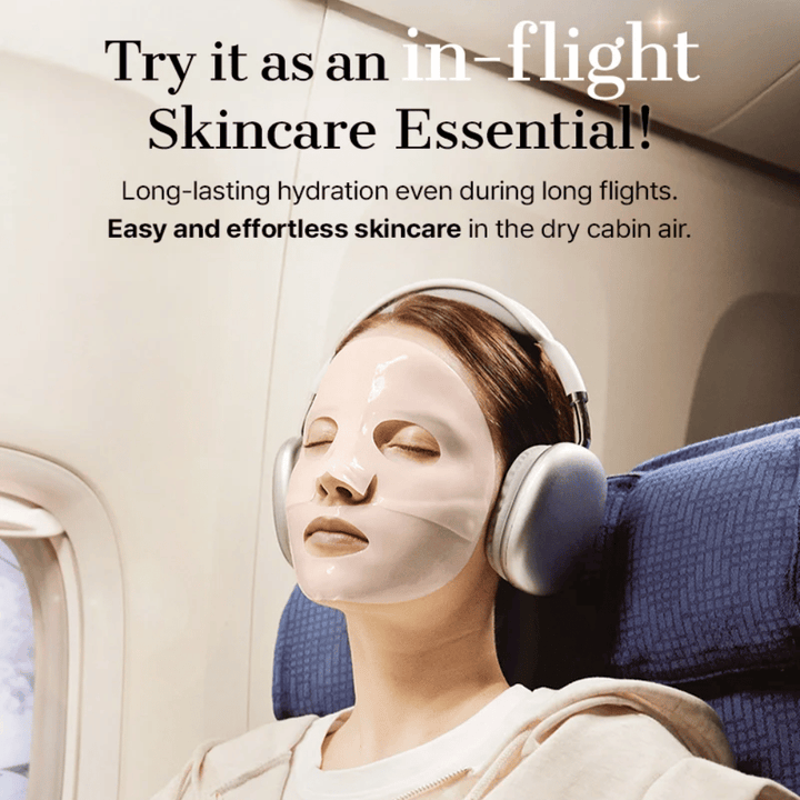 COSRX 5 PDRN Hyaluronic Acid Vital Hydrating Hydrogel Mask používaná ako hydratačný sheet mask počas letu pre dlhodobú hydratáciu a upokojujúci efekt