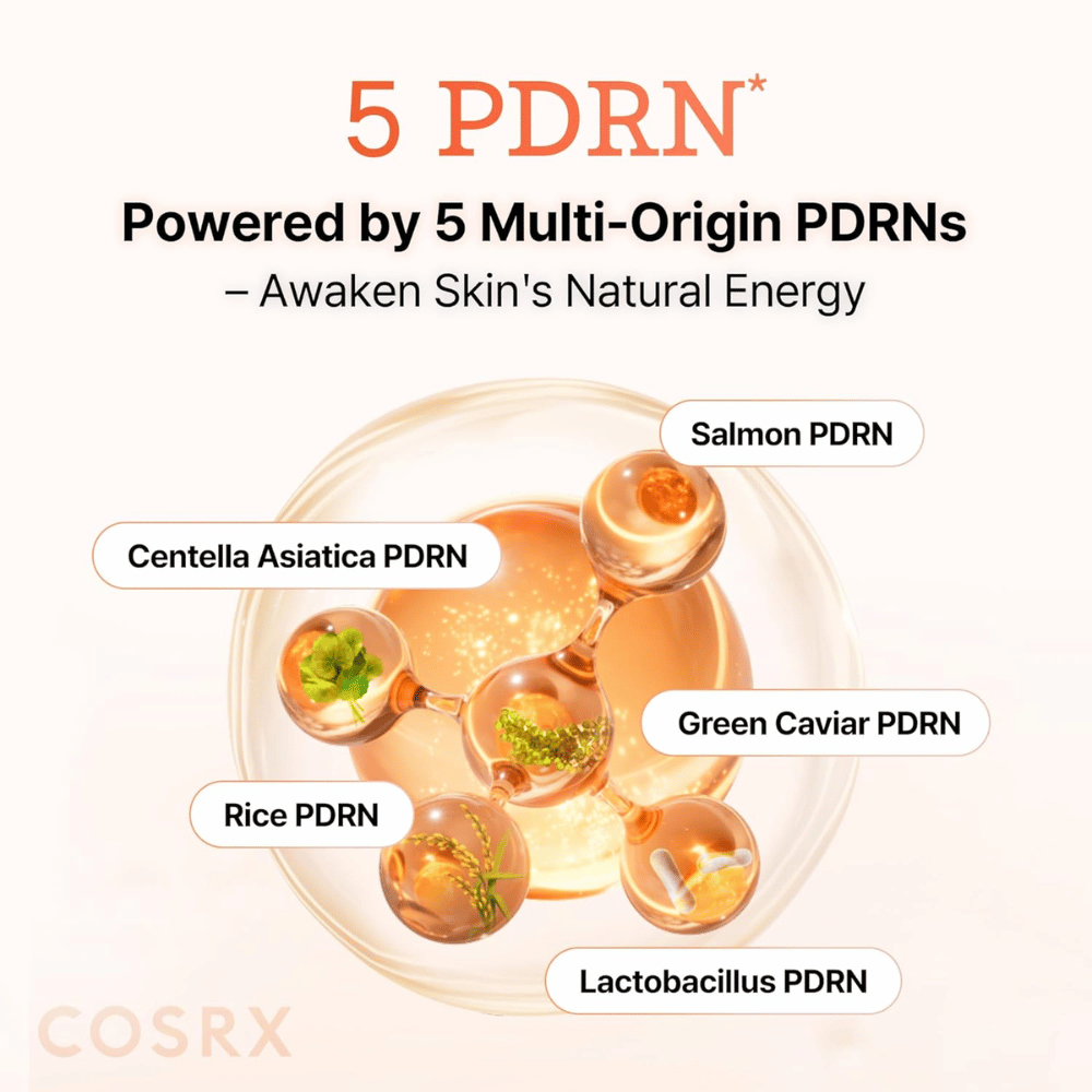 COSRX 5 PDRN sérum s multi-origin PDRN z lososa, centelly asiatiky, ryže a probiotík, ktoré posilňuje pleť a zlepšuje elasticitu