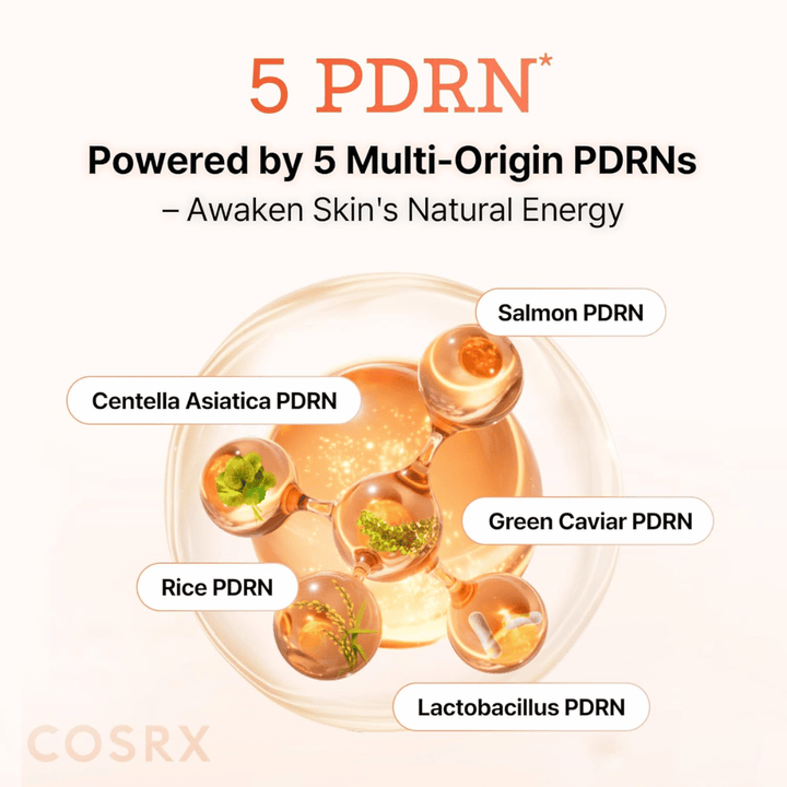 COSRX 5 PDRN sérum s multi-origin PDRN z lososa, centelly asiatiky, ryže a probiotík, ktoré posilňuje pleť a zlepšuje elasticitu