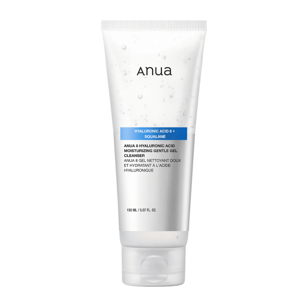 Produktový obrázok Anua 8 Hyaluronic Acid Moisturizing Gentle Gel Cleanser v bielej tube. Jemný gélový čistiaci prostriedok, ktorý posilňuje hydratačnú bariéru pokožky a poskytuje jemnú, vyváženú pokožku.