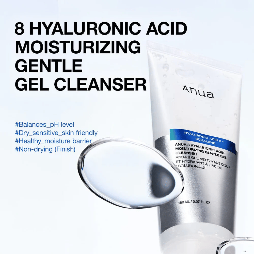 Anua 8 Hyaluronic Acid Moisturizing Gentle Gel Cleanser 150 ml na modrom pozadí. Jemný gélový čistiaci prostriedok so skvalánom, ktorý hydratuje a je vhodný pre citlivú pokožku.