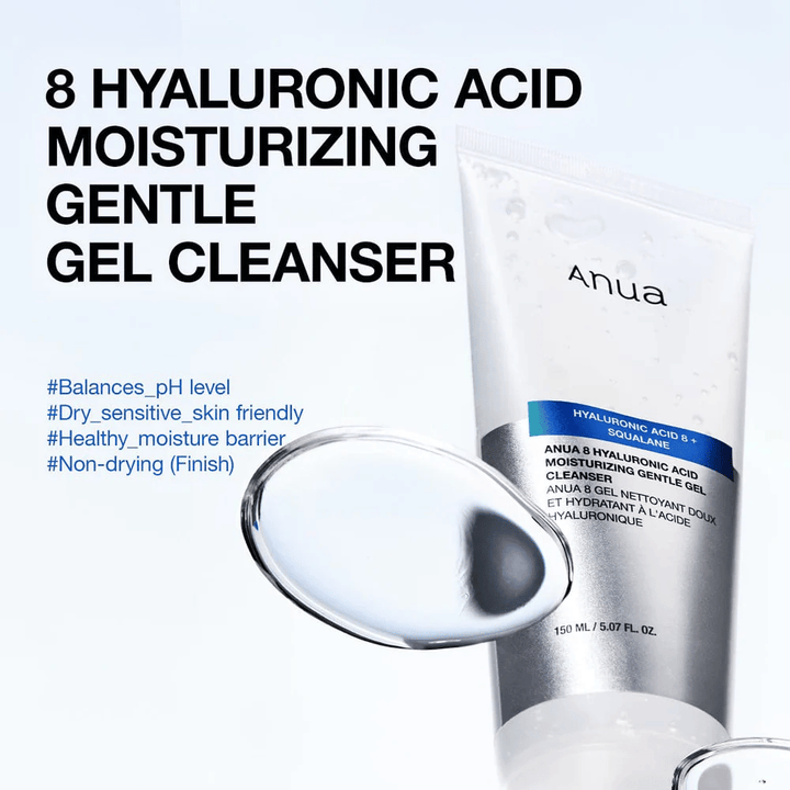 Anua 8 Hyaluronic Acid Moisturizing Gentle Gel Cleanser 150 ml na modrom pozadí. Jemný gélový čistiaci prostriedok so skvalánom, ktorý hydratuje a je vhodný pre citlivú pokožku.