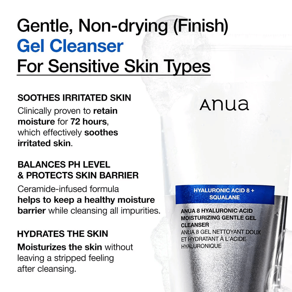 Anua 8 Hyaluronic Acid Moisturizing Gentle Gel Cleanser s textom zdôrazňujúcim vlastnosti produktu: hydratuje 72 hodín, vyvažuje pH a chráni kožnú bariéru.