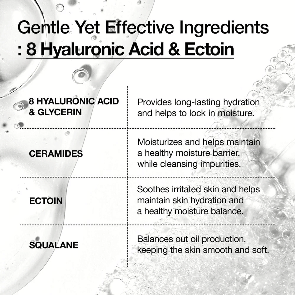 Grafická prezentácia kľúčových ingrediencií Anua: 8 druhov kyseliny hyalurónovej, ceramidy, ectoin a skvalán, ktoré hydratujú, upokojujú a posilňujú kožnú bariéru.