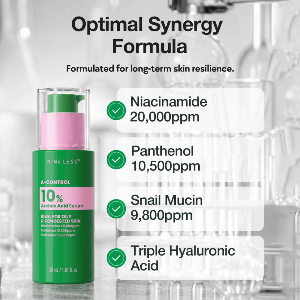 NINELESS A-Control 10% Azelaic Acid Serum s niacínamidom, panthenolom, snail mucin a kyselinou hyalurónovou pre vyváženú a hydratovanú pleť.