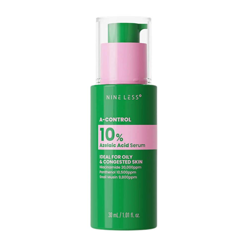 NINELESS A-Control 10% Azelaic Acid Serum 30 ml v zelenej fľaši s pumpičkou pre mastnú a upchatú pleť.
