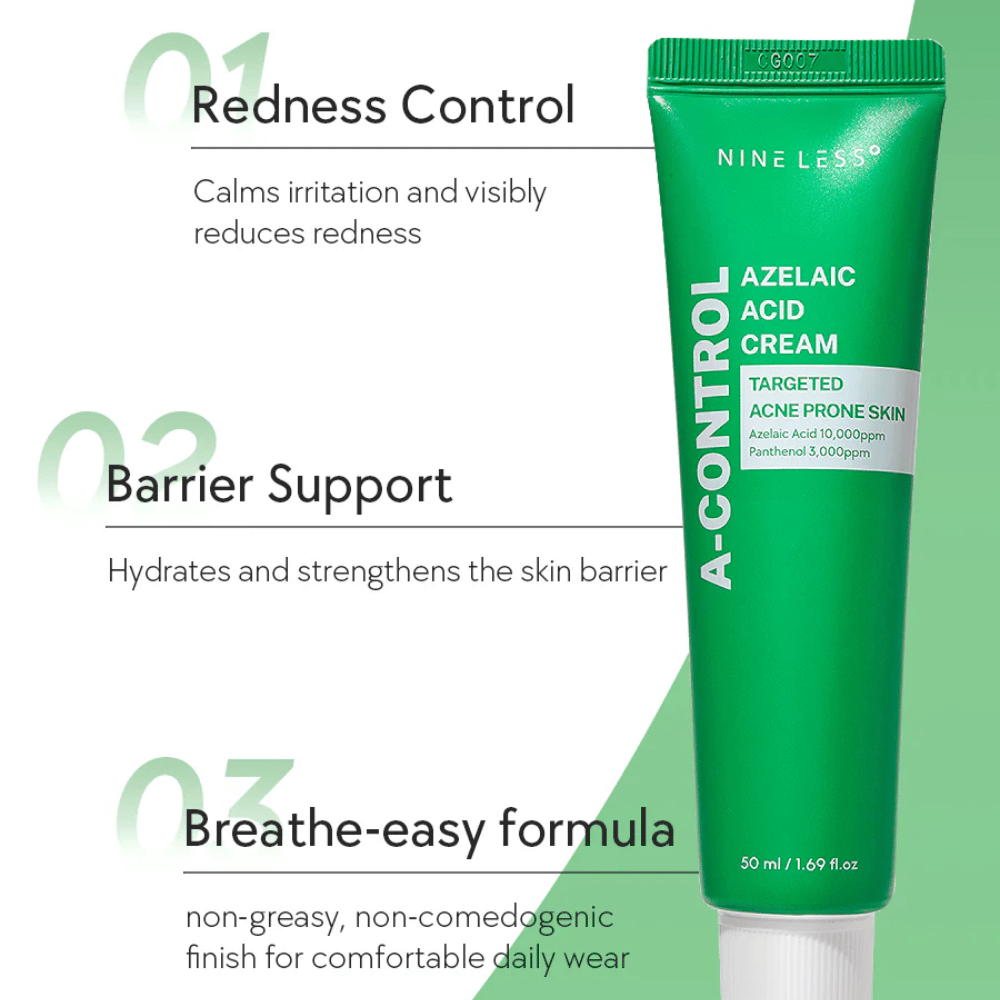 NINELESS A-Control Azelaic Acid Cream – kórejský pleťový krém s kyselinou azelaovou, ktorý pomáha znižovať začervenanie, posilňuje kožnú bariéru a poskytuje ľahký, nemastný finiš.