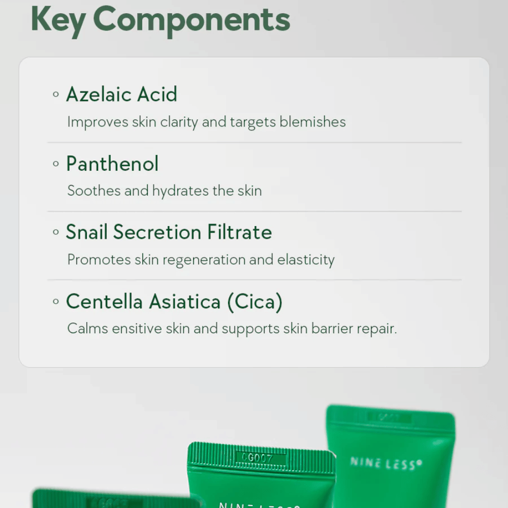 NINELESS A-Control Azelaic Acid Cream ingrediencie – pleťový krém s kyselinou azelaovou, panthenolom, snail mucin a Centella Asiatica, ktorý pomáha upokojiť pokožku a zlepšiť jej jasnosť.