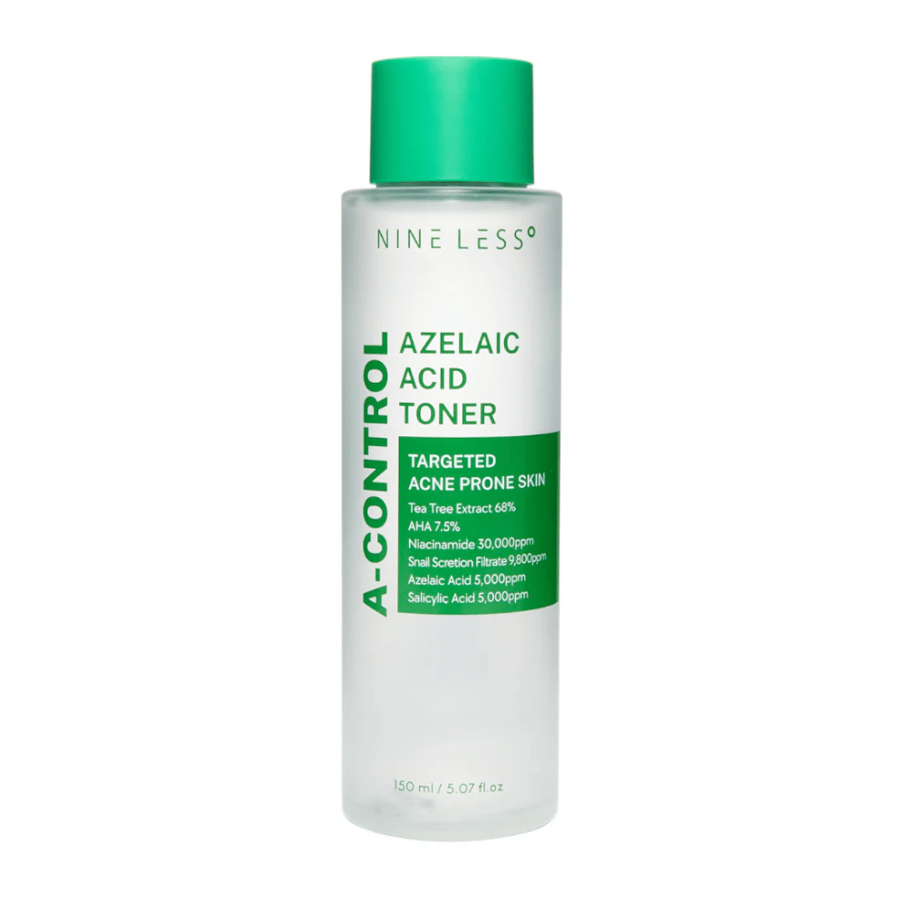 Produktový obrázok Nine Less A-Control Azelaic Acid Toner 150 ml v priehľadnej fľaši so zelenou etiketou a zeleným uzáverom.