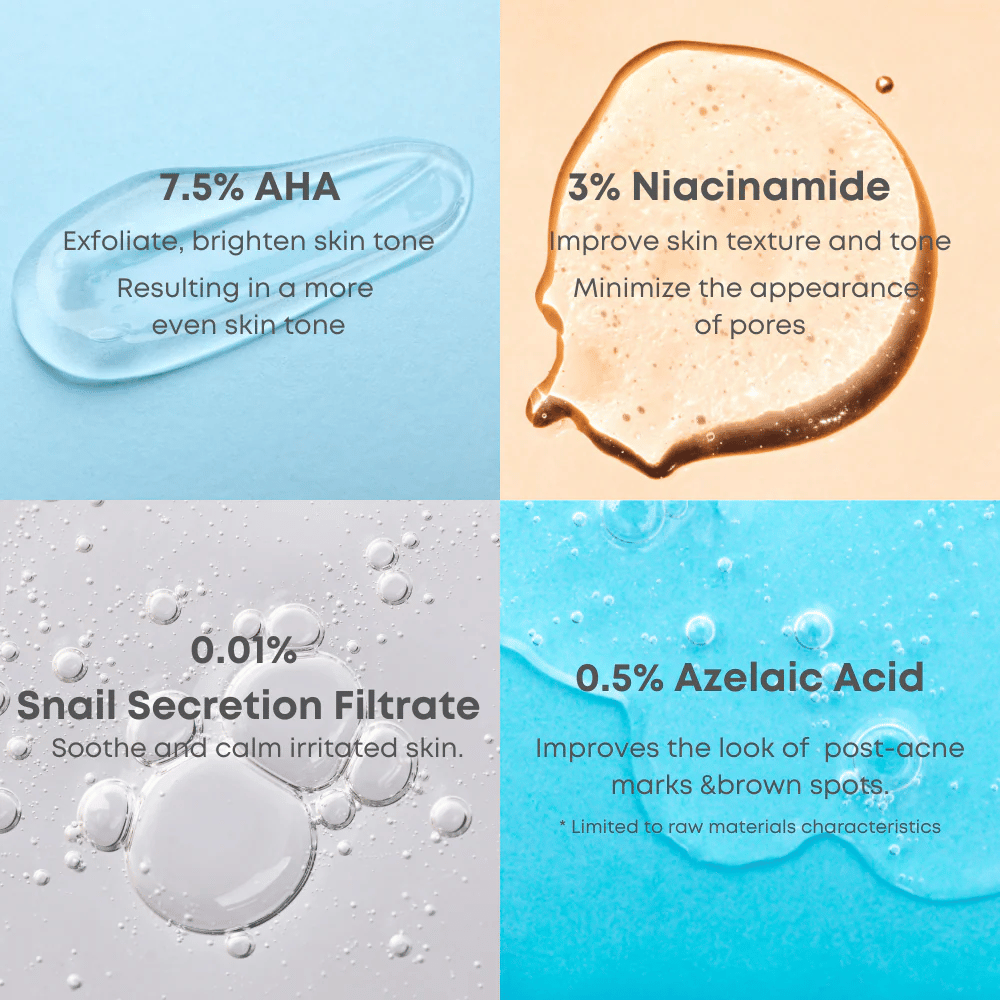 Detailný záber na kvapky séra, ktoré ilustrujú kľúčové zložky tonera: 7.5% AHA, 3% niacínamid, filtrát sekrétu slimáka a 0.5% kyseliny azelaovej.