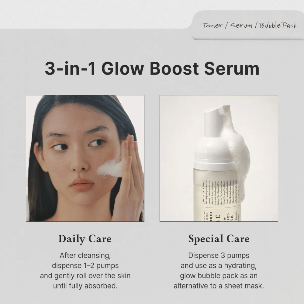 Obrázok – použitie (daily vs special care)
Dr. Althea ABC Glow Whipped Serum sa používa ako denné sérum alebo ako hydratačná bubble maska pre extra glow a intenzívnu starostlivosť o pleť.