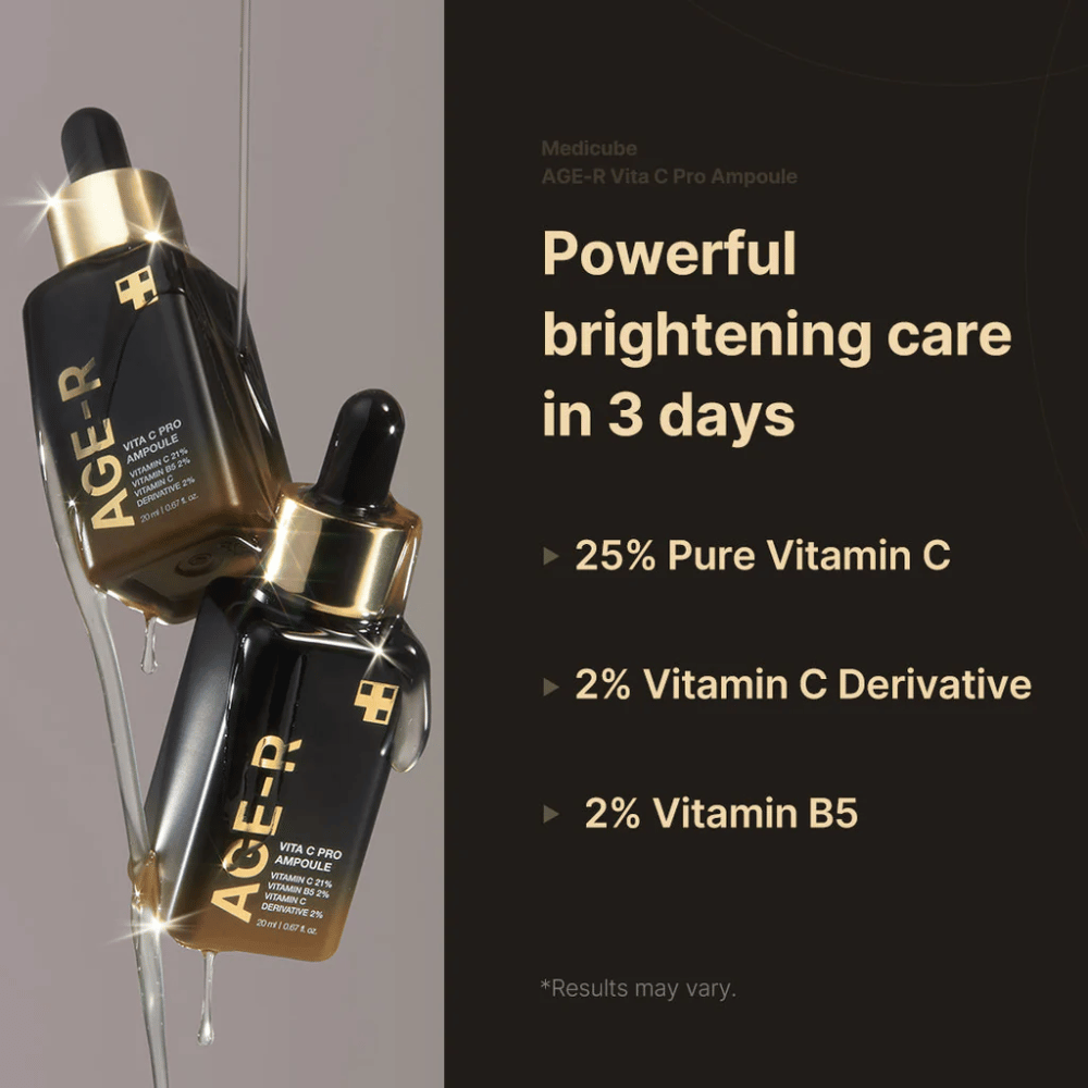 Obrázok Medicube Age-R Vita C Pro Ampoule, ktorý zvýrazňuje zosvetľujúci účinok produktu do 3 dní. Produkt obsahuje 25% čistého vitamínu C, 2% derivátu vitamínu C a 2% vitamínu B5. Fľaše sú zobrazené so zlatými detailmi a pipetou na aplikáciu.