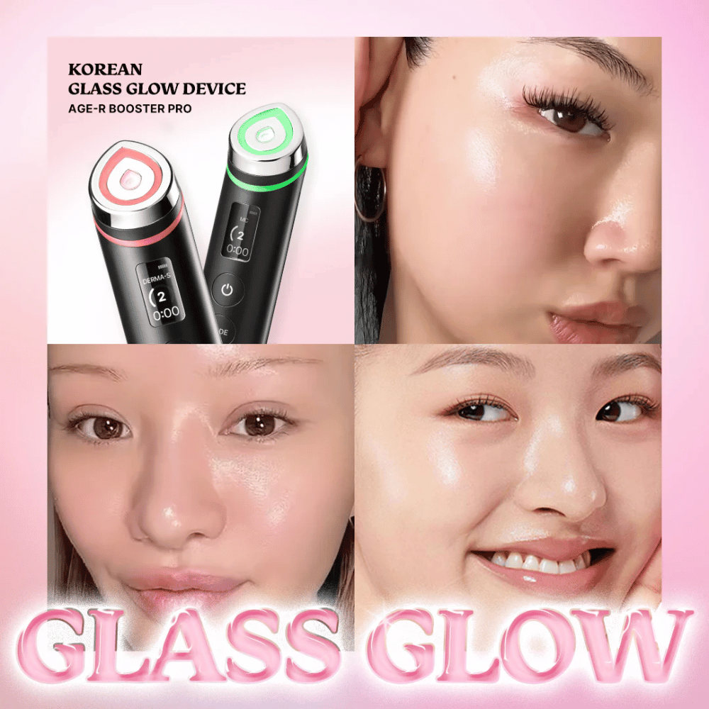 Štyri obrázky ukazujú detailné zábery na hladkú, lesklú pokožku po použití Medicube Age-R Booster Pro, propagovaného ako "Korean Glass Glow Device". Produkt je zdôraznený pre dodanie lesklej a hladkej pokožky, nazývanej "Glass Glow".