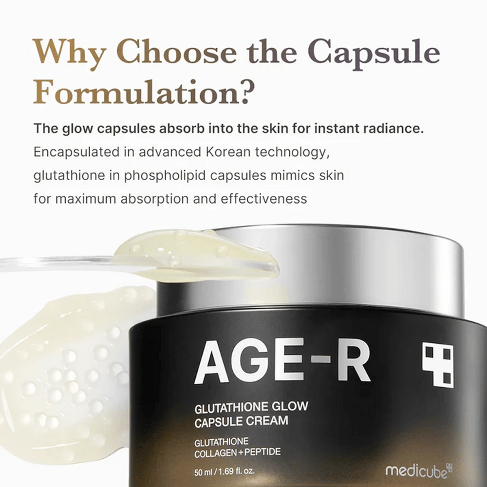 Krém Medicube Age-R Glutathione Glow Capsule Cream je propagovaný s vysvetlením výhod kapsulovej formulácie. Glutathiónové kapsuly sa rýchlo vstrebávajú do pokožky pre okamžitú žiarivosť, vďaka pokročilej kórejskej technológii, ktorá napodobňuje vlastné mechanizmy pokožky pre maximálny efekt.