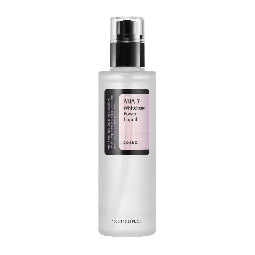 COSRX AHA 7 Whitehead Power Liquid fľaša 100 ml, efektívny exfoliant so 7 % kyselinou glykolovou proti bielym čiernym bodkám a nerovnomernému tónu pleti.