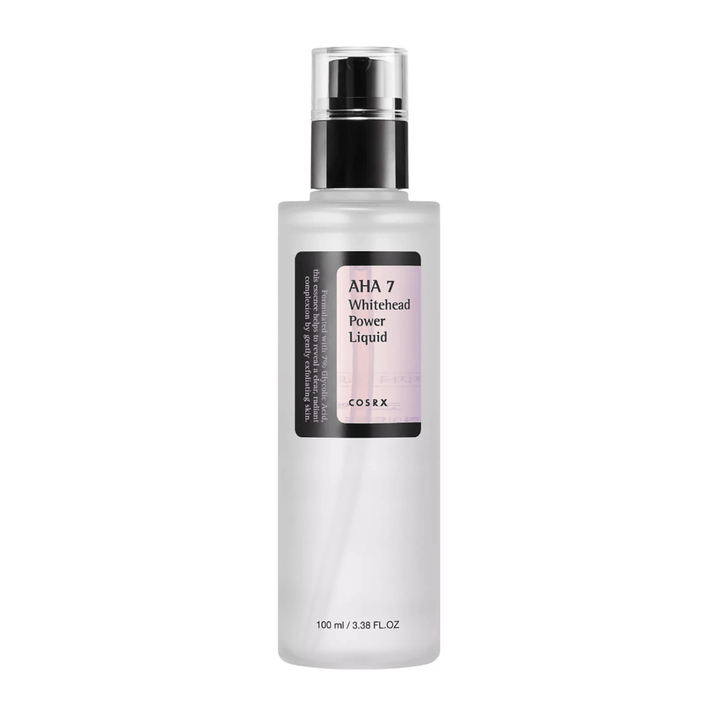 COSRX AHA 7 Whitehead Power Liquid fľaša 100 ml, efektívny exfoliant so 7 % kyselinou glykolovou proti bielym čiernym bodkám a nerovnomernému tónu pleti.