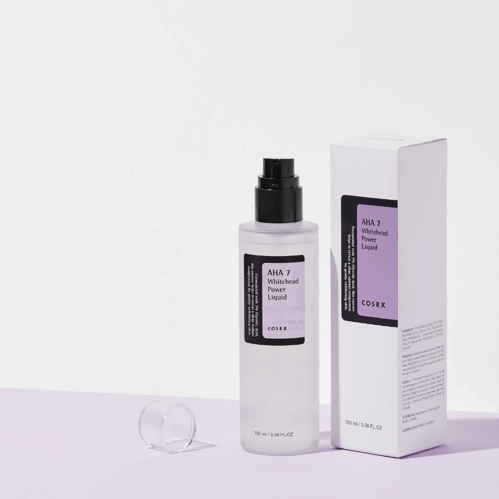 COSRX AHA 7 Whitehead Power Liquid s balením, exfoliačná pleťová voda so 7 % AHA na boj proti bielym čiernym bodkám a vyrovnanie tónu pleti.