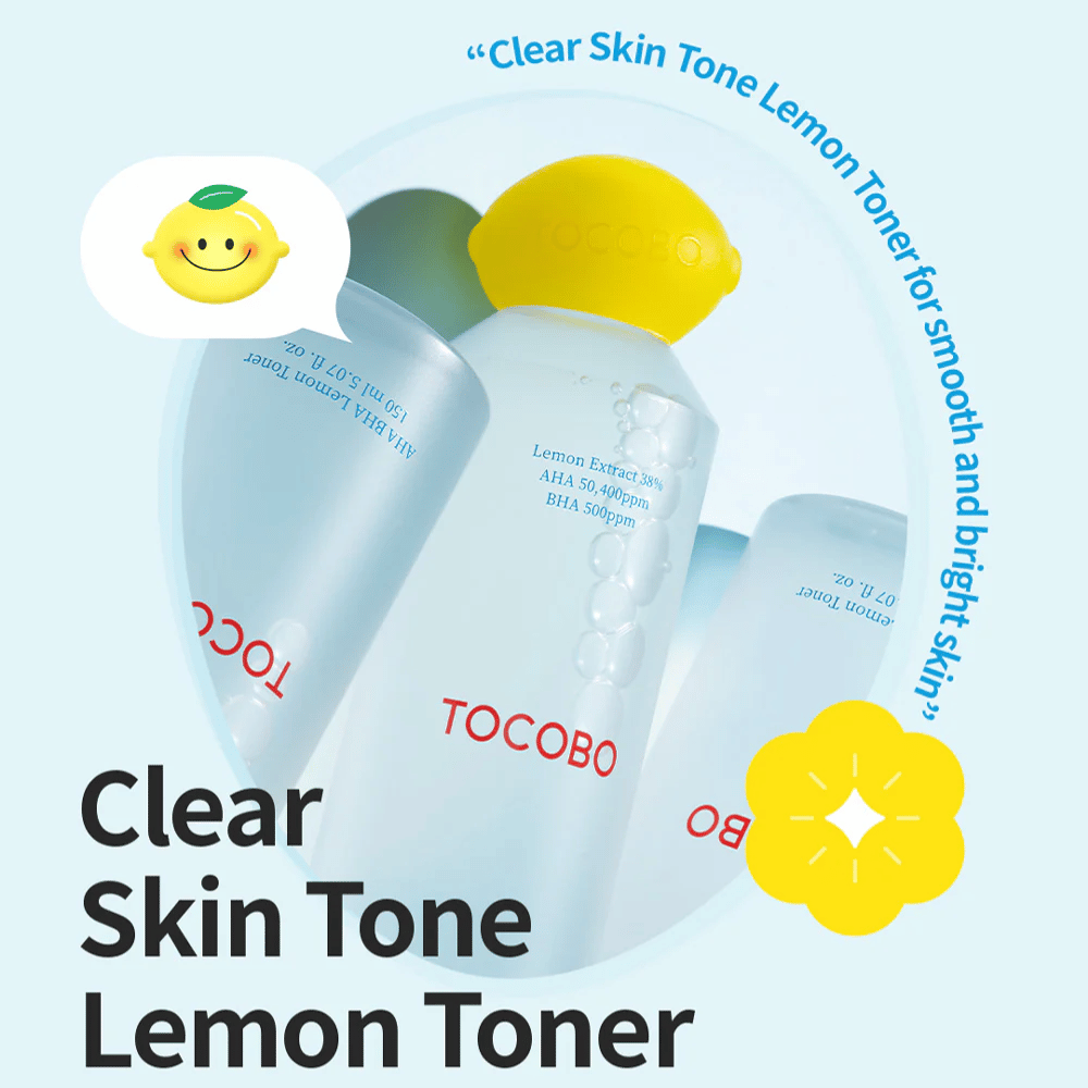 Viac fliaš TOCOBO Clear Skin Tone Lemon Toner so žltým uzáverom v tvare citróna, bublinky vo vnútri tekutiny a text, ktorý zdôrazňuje ingrediencie AHA a BHA na svetlomodrom pozadí.