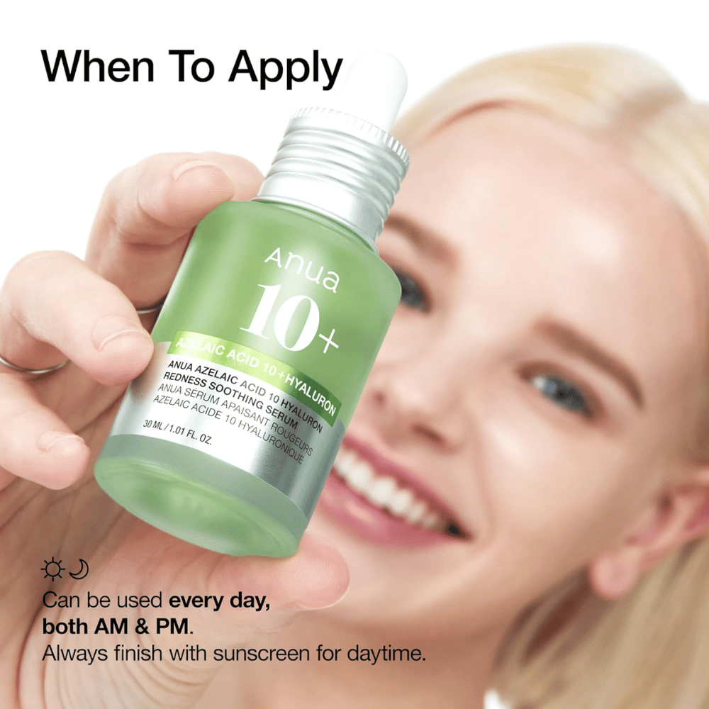 ANUA Azelaic Acid 10+ Hyaluron je upokojujúce sérum, ktoré znižuje začervenanie a hydratuje pokožku. Perfektné pre dennú aplikáciu ráno aj večer. Obsahuje kyselinu azelaovú a kyselinu hyalurónovú na vyváženie a posilnenie kožnej bariéry. Vždy používajte ochranu proti slnku počas dňa.