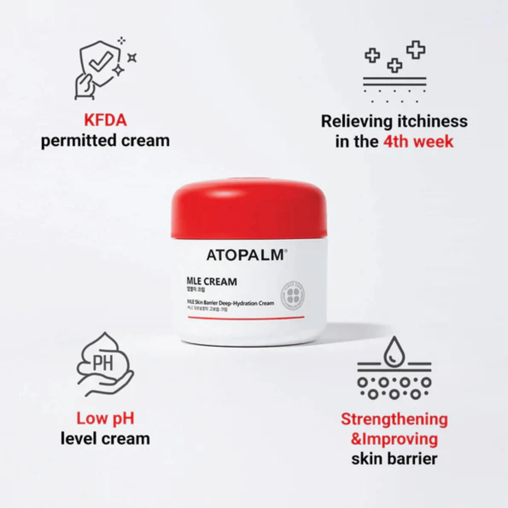 ATOPALM MLE Cream s technológiou MLE, ktorá vyvažuje vlhkosť, hĺbkovo hydratuje a posilňuje kožnú bariéru pre jemnejšiu a odolnejšiu pokožku.
