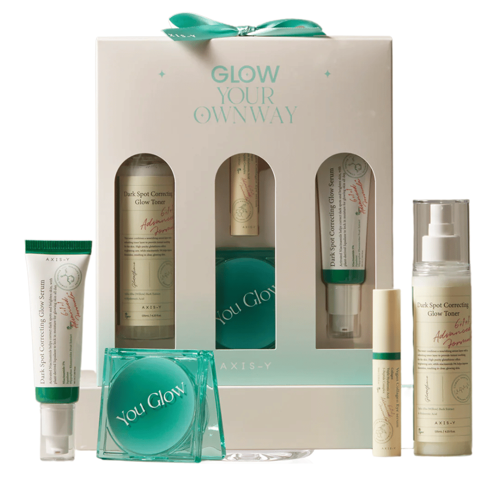 AXIS-Y Glow Your Own Way Beauty Box – kompletná súprava vegánskej starostlivosti o pleť, ktorá znižuje pigmentové škvrny, hydratuje a dodáva lesk. Perfektné pre rovnomernejší tón pleti!