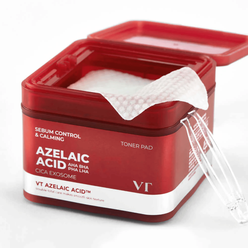 Otvorená nádoba s VT Azelaic Acid Toner Pad a pinzetou – pre jednoduché a hygienické použitie.