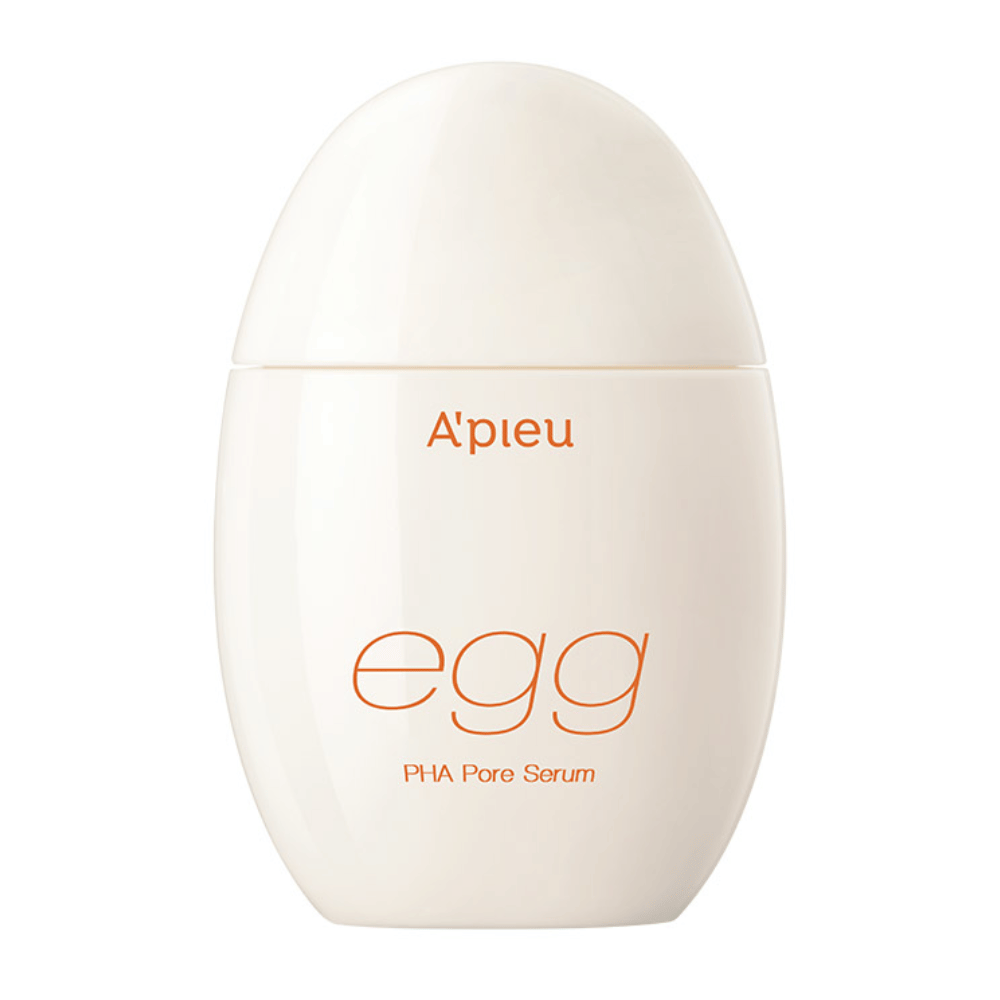 A'pieu Egg PHA Pore Serum v balení v tvare vajíčka, béžová farba s oranžovým textom – kórejské sérum, ktoré jemne exfoliuje a minimalizuje póry.