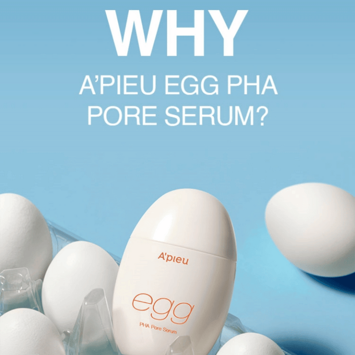A'pieu Egg PHA Pore Serum v balení v tvare vajíčka medzi bielymi vajcami v kartóne na vajcia – kórejské sérum pre zjemnené póry a jemnú exfoliáciu.