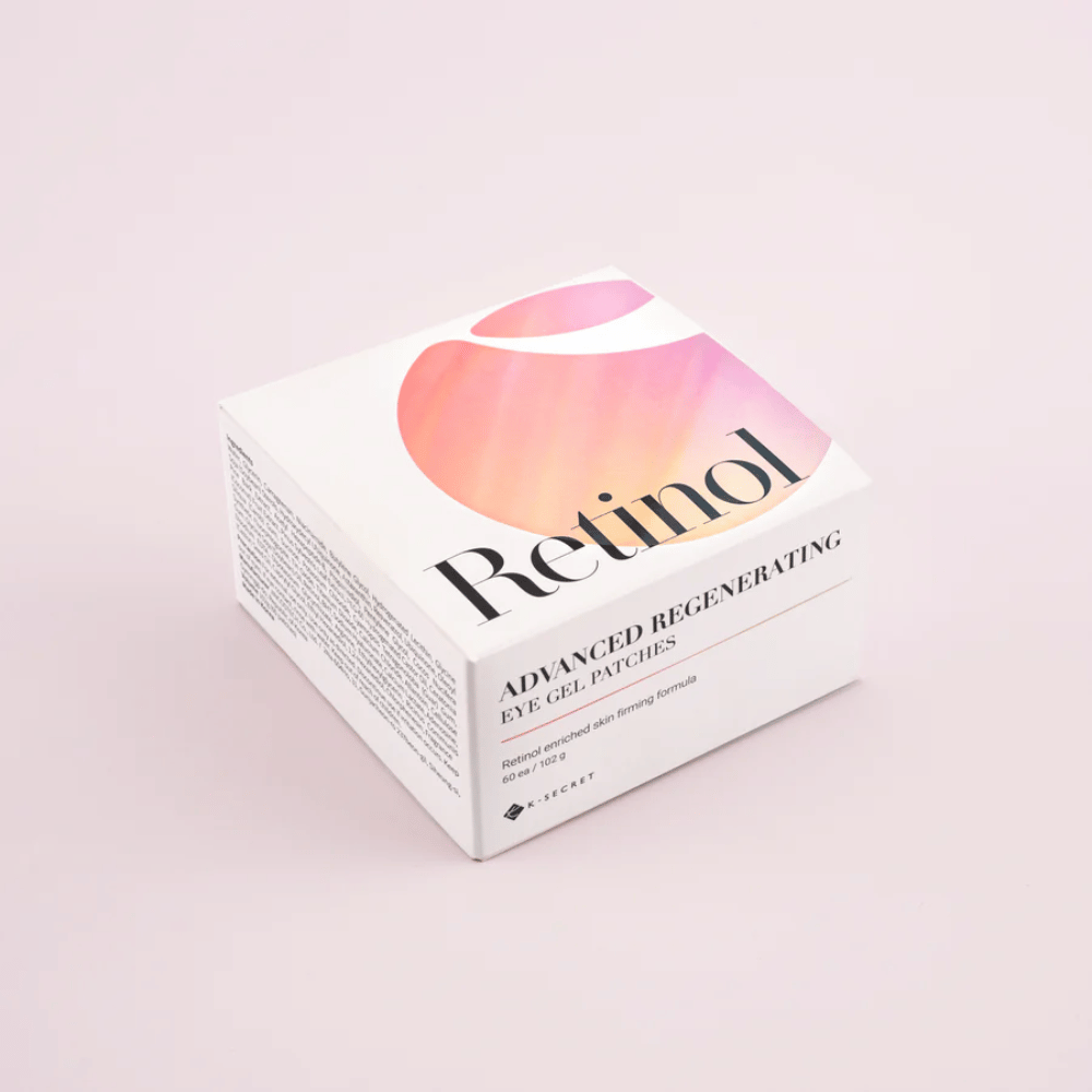 Balenie K-Secret Advanced Regenerating Eye Gel Patches s retinolom v bielom a ružovom dizajne.