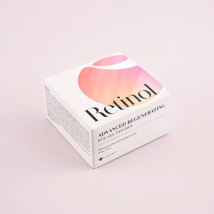 Balenie K-Secret Advanced Regenerating Eye Gel Patches s retinolom v bielom a ružovom dizajne.