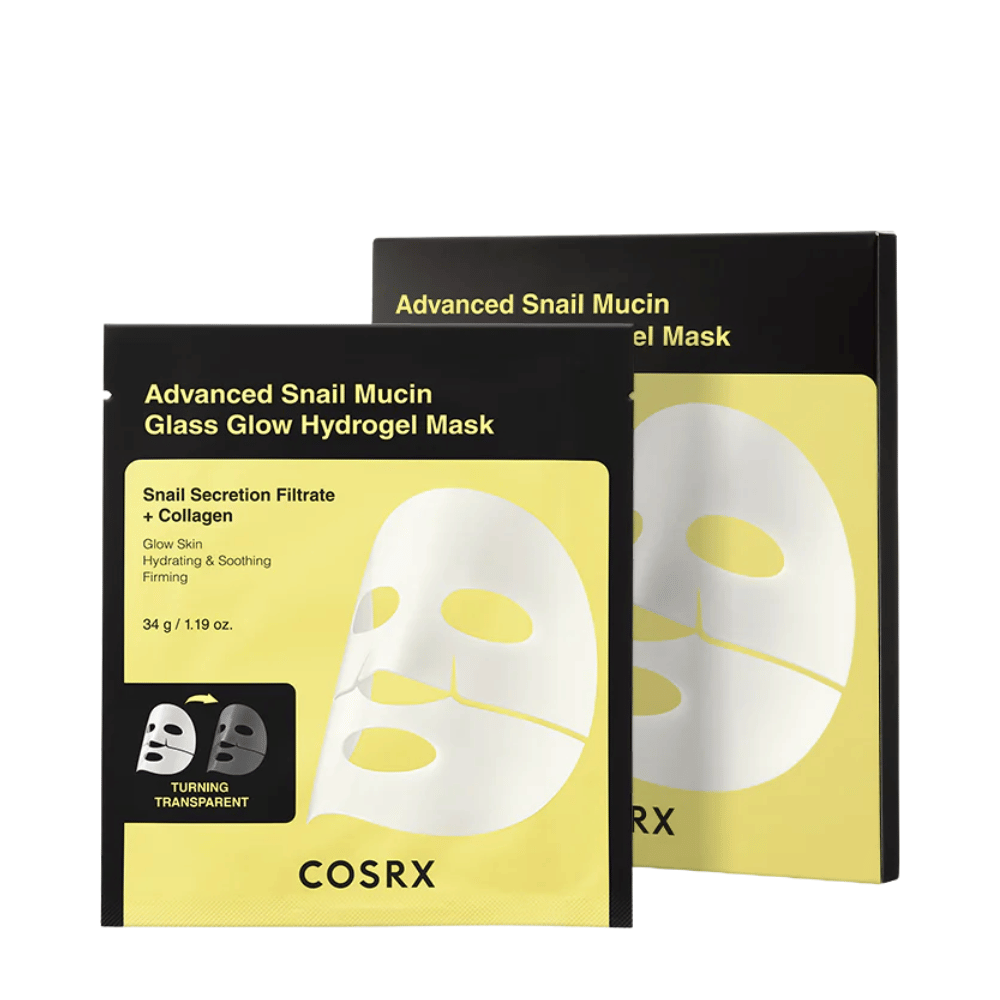Balenie COSRX Advanced Snail Mucin Glass Glow Hydrogel Mask – hydratačná maska so sekrétom slimáka a kolagénom.
