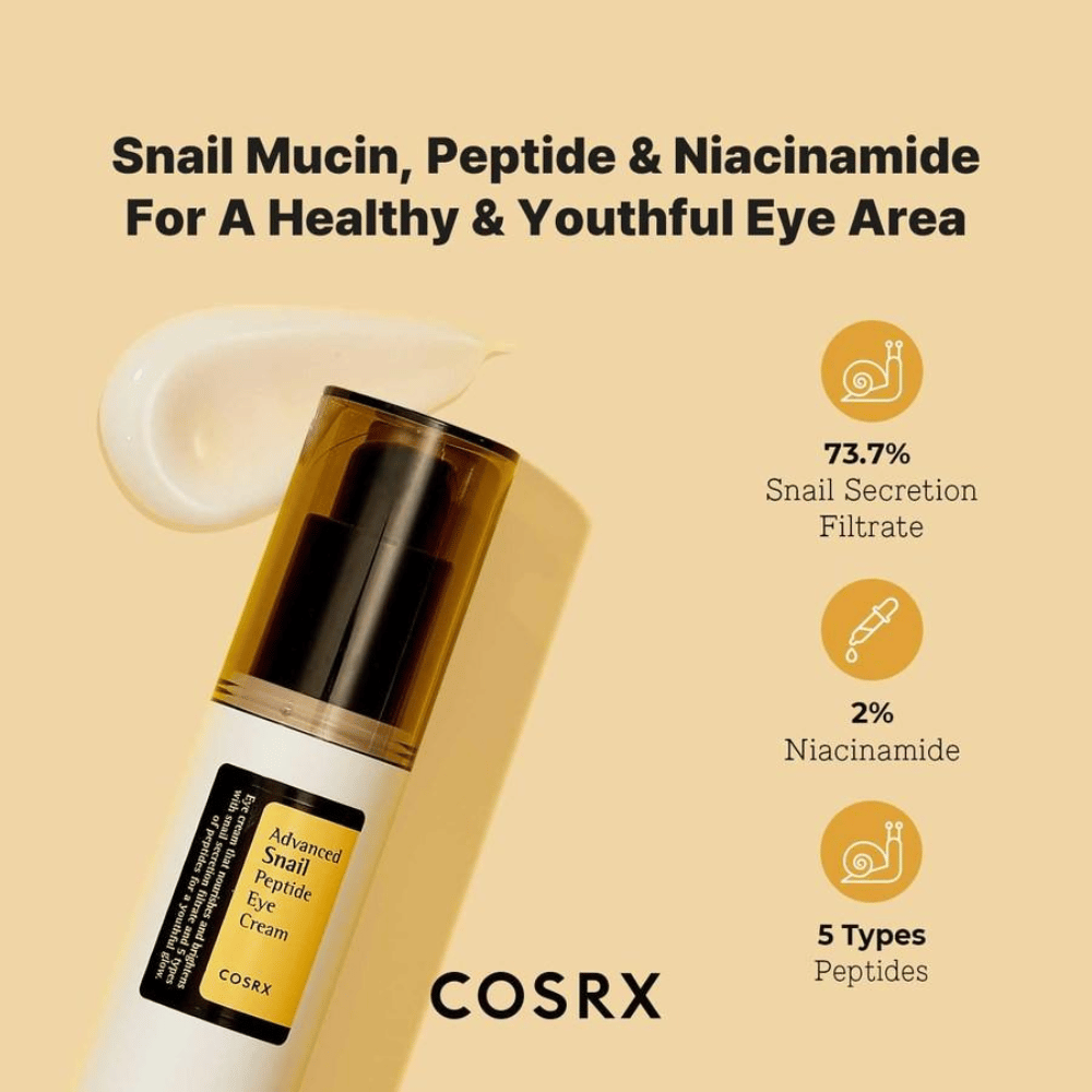 COSRX Advanced Snail Peptide Eye Cream 25 ml so slimáčím mucínom, peptidmi a niacínamidom pre pevnejšiu pokožku a rovnomerný tón pleti okolo očí