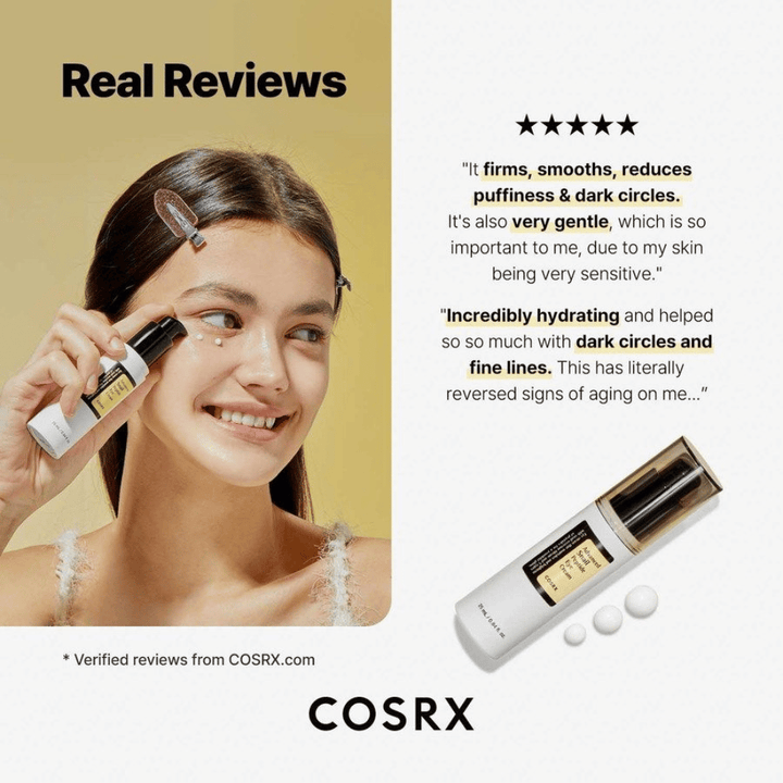COSRX Advanced Snail Peptide Eye Cream sa aplikuje pod oči – očný krém so 73,7% snail mucin a peptidmi proti tmavým kruhom, opuchom a jemným linkám