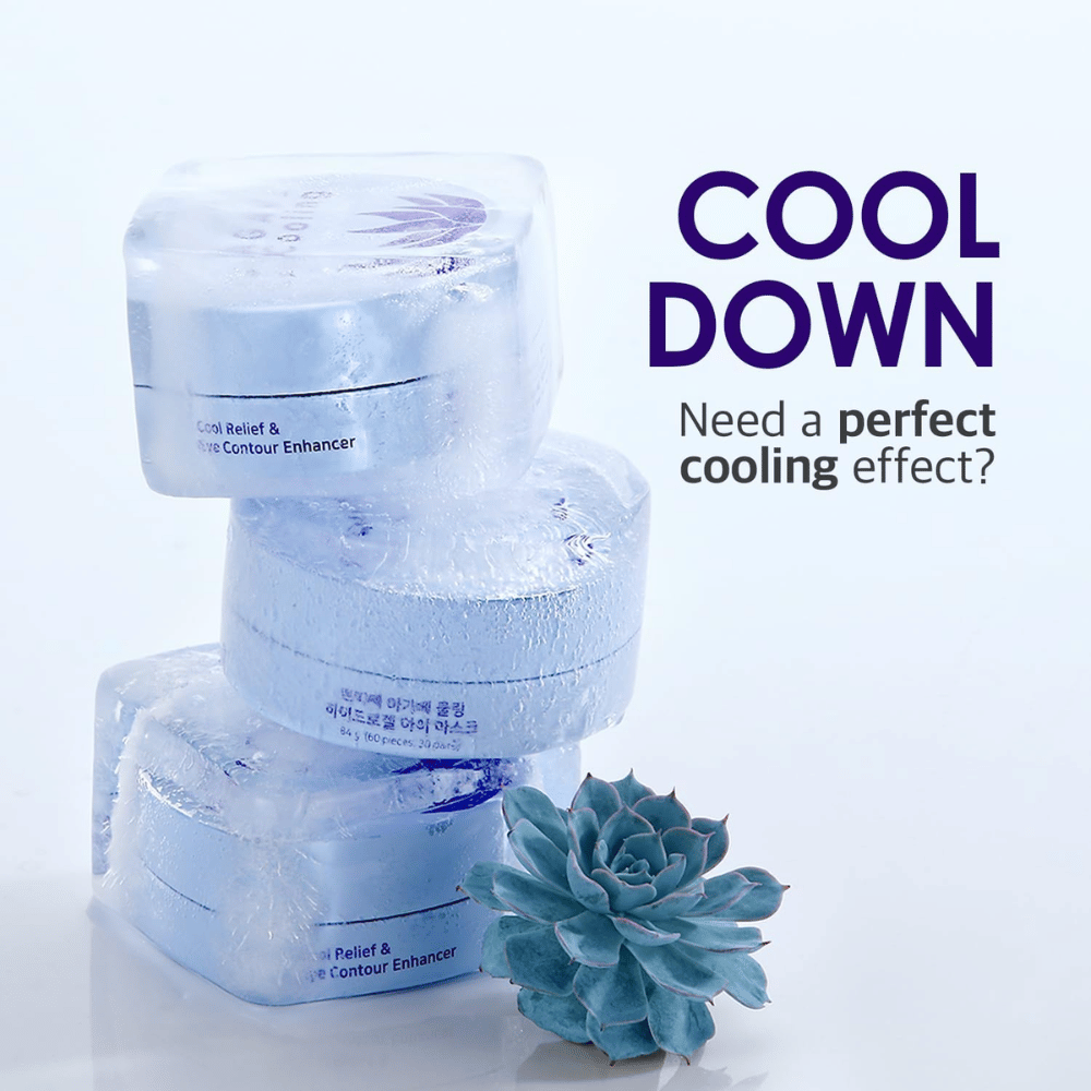 Propagačný obrázok PETITFEE Agave Cooling Hydrogel Eye Mask s ľadovým a chladivým motívom. Obrázok zdôrazňuje chladiaci efekt produktu a svieži pocit pre unavené oči.
