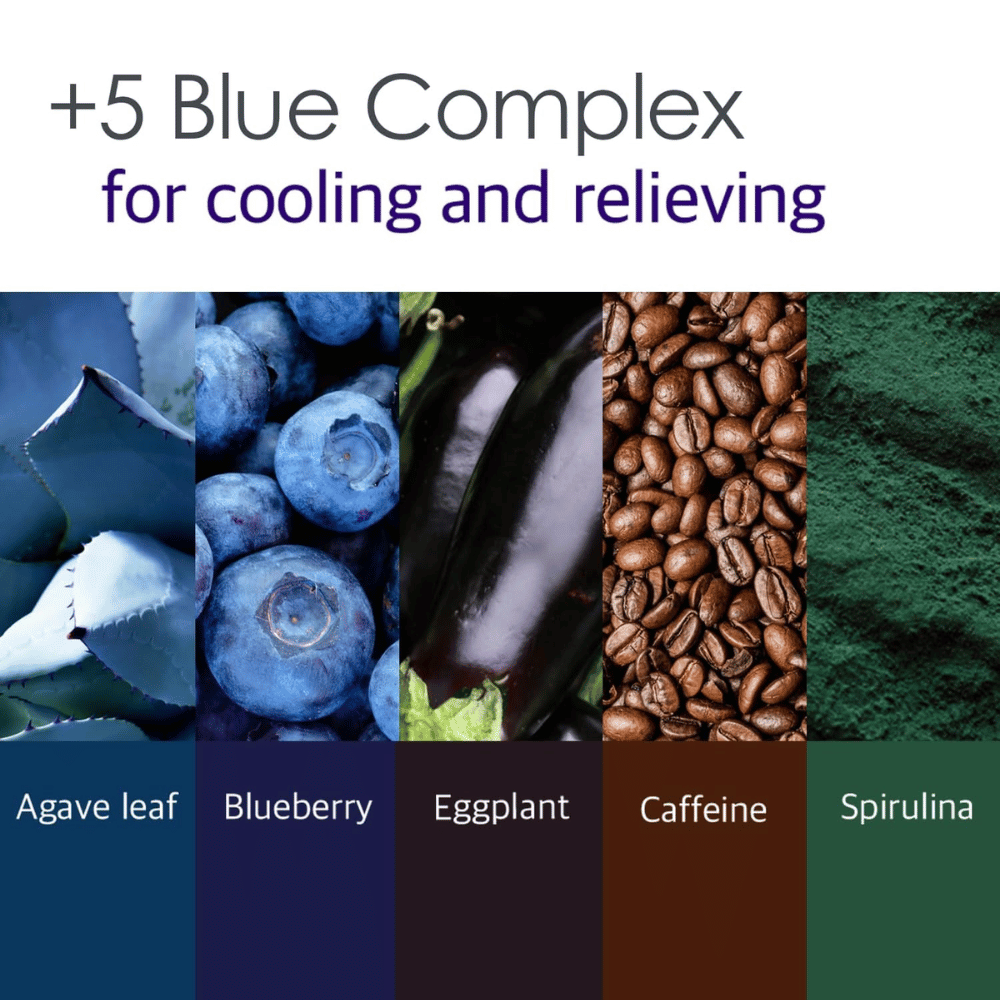 Informačný obrázok o „5 Blue Complex“ s ingredienciami ako listy agáve, čučoriedky, baklažán, kofeín a spirulina. Dôraz sa kladie na chladivé a upokojujúce vlastnosti pre pokožku.