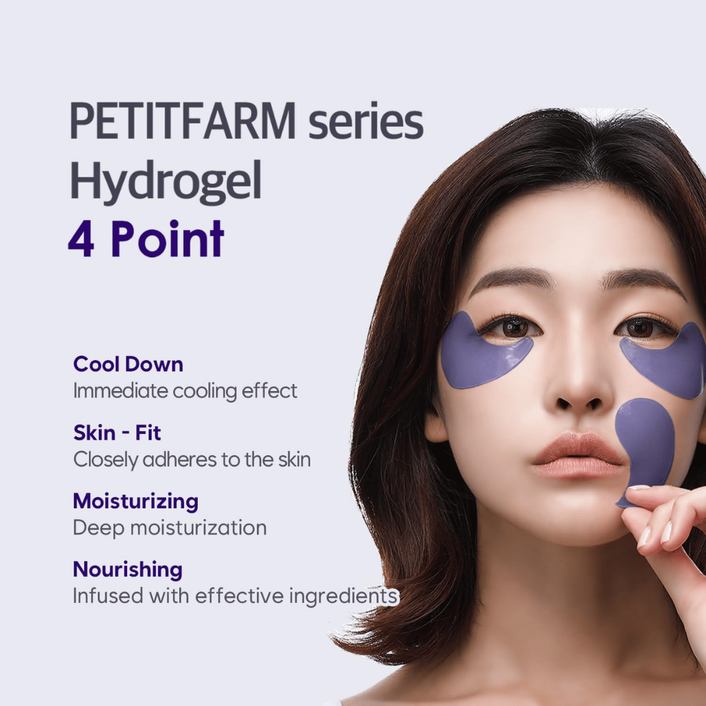 Propagačný obrázok s modelkou, ktorá používa PETITFARM Hydrogel Eye Mask. Obrázok vyzdvihuje štyri hlavné výhody: chladivý efekt, prispôsobenie sa pokožke, hĺbkovú hydratáciu a vyživujúce zložky.