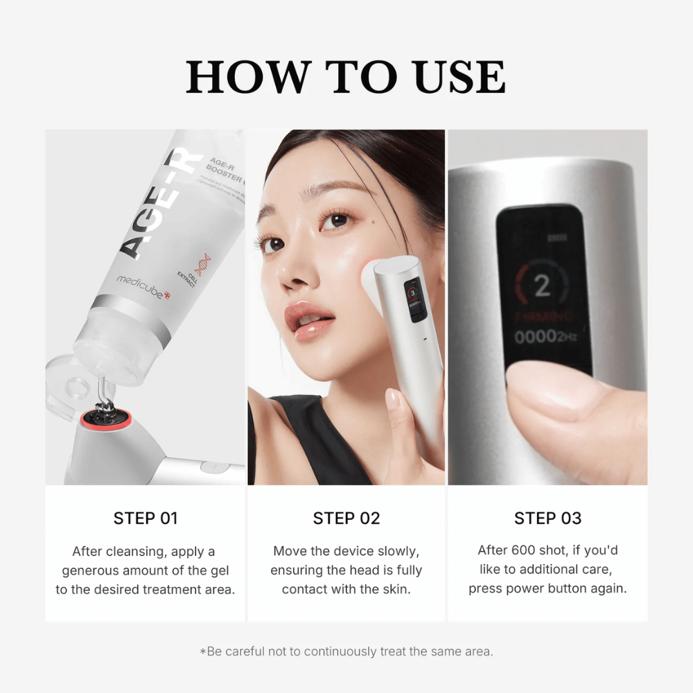 Ilustrácia s tromi krokmi, ktorá ukazuje, ako používať Medicube Age-R High Focus Shot s priloženým gélom na tvár.