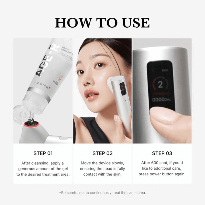 Ilustrácia s tromi krokmi, ktorá ukazuje, ako používať Medicube Age-R High Focus Shot s priloženým gélom na tvár.